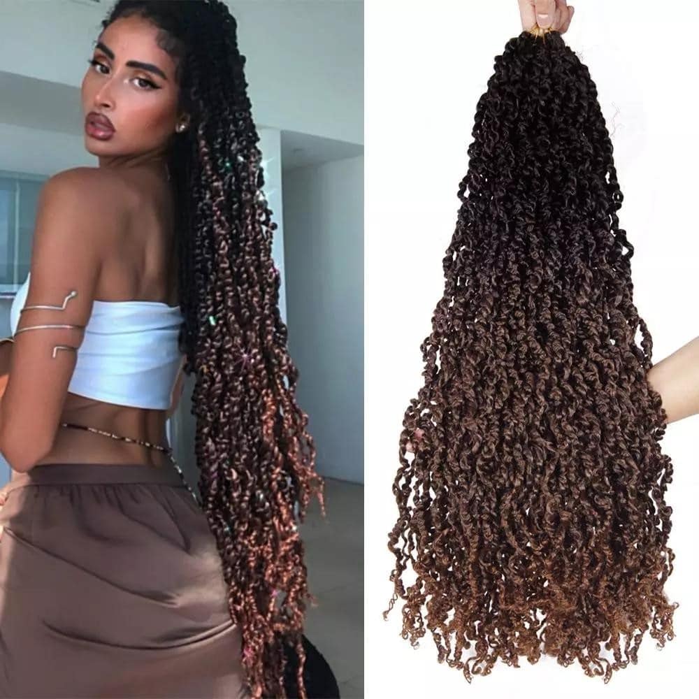 Majesty Twist flätor i mörkbrun ombré, långa mjuka tvinnade lockar som ger ett naturligt och voluminöst utseende, perfekt för crochet och skyddande frisyrer.