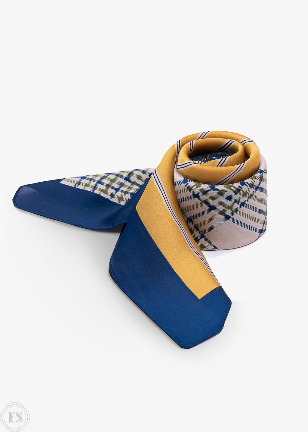 scarf i med asymmetriskt mönster i gult, blått och vitt. Kombinerar ränder, prickar och rutigt.