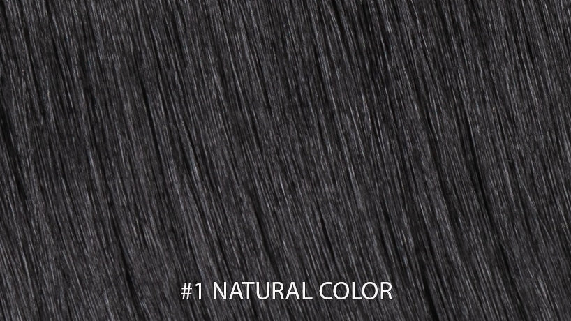 Närbild på ett färgprov av Natural Black, som visar en djup, mörk nyans med rik lyster och en naturlig, intensiv glans.
