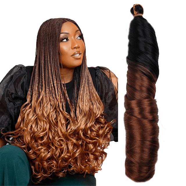 Spiral French Curl flätat hår i vacker ombre från svart till kopparbrun. Glansiga spirallockar skapar en elegant och fyllig look med naturlig rörelse.