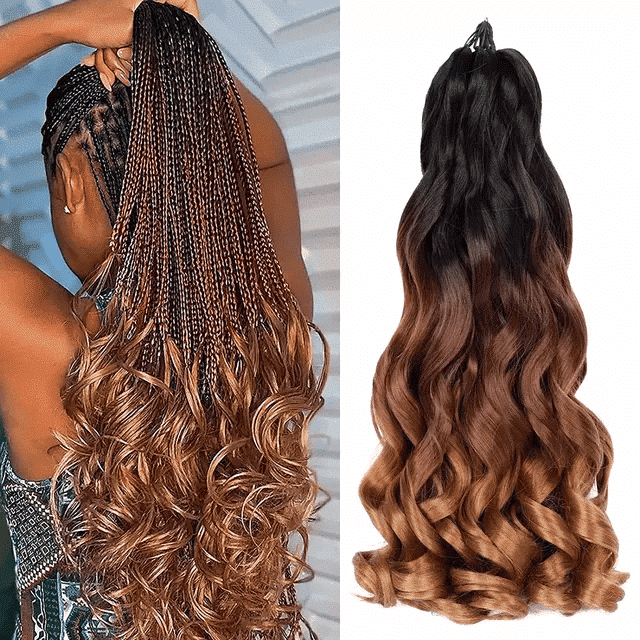 Spiral French Curl flätat hår i ombre brun färg med glänsande lockar, perfekt för flätfrisyrer med naturlig rörelse och elegant volym.