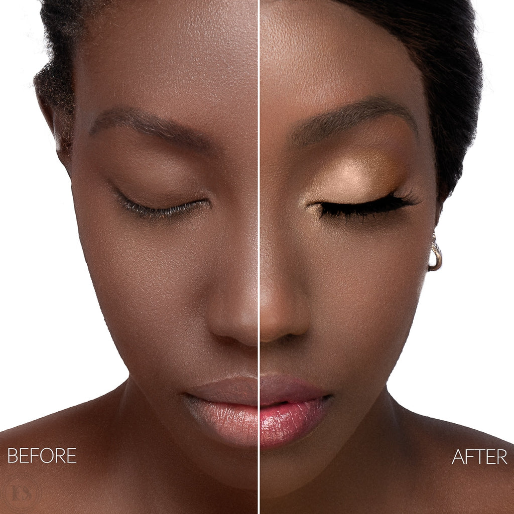 Före- och efterbild som visar effekten av lösögonfransar, där vänstra sidan har naturliga fransar och högra sidan visar en dramatisk och fyllig look med applicerade fransar och gyllene ögonskugga.