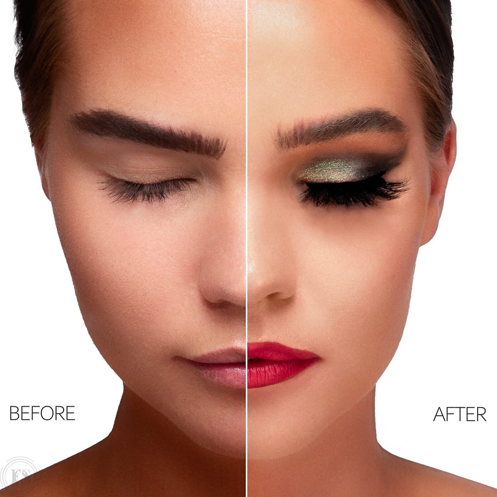 Före- och efterbild som visar effekten av lösögonfransar och makeup, där vänstra sidan är naturlig och högra sidan visar en dramatisk look med röda läppar, skimrande ögonskugga och fylliga fransar.