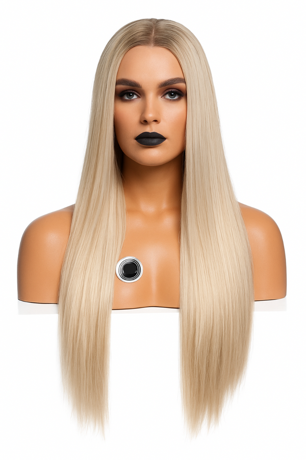 Lång blond peruk med mittbena och naturlig glans