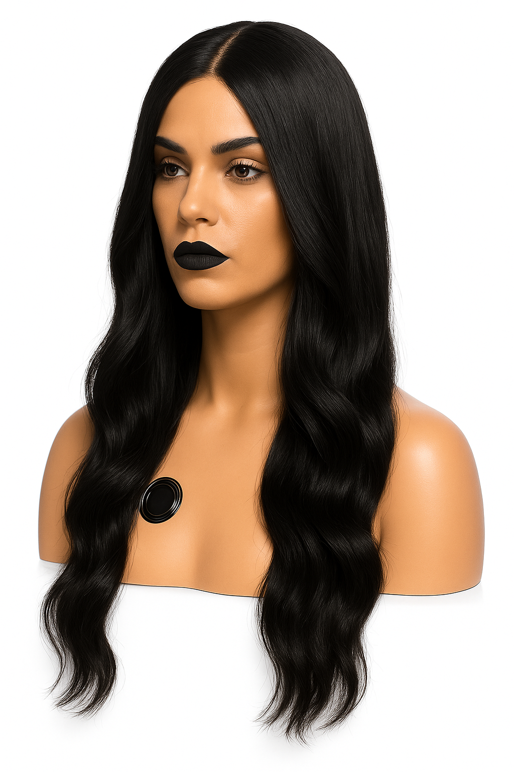 Lång svart peruk med mjuka vågor och mittbena. Naturlig glans, värmetålig fiber och realistisk look
