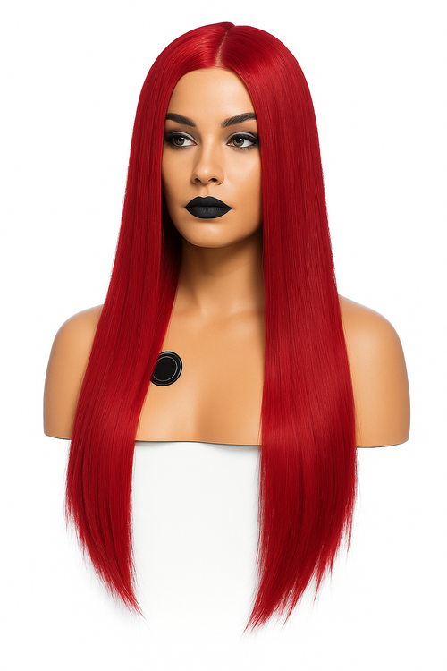 Lång rak klarröd peruk med mittbena och front lace på skyltdocka.