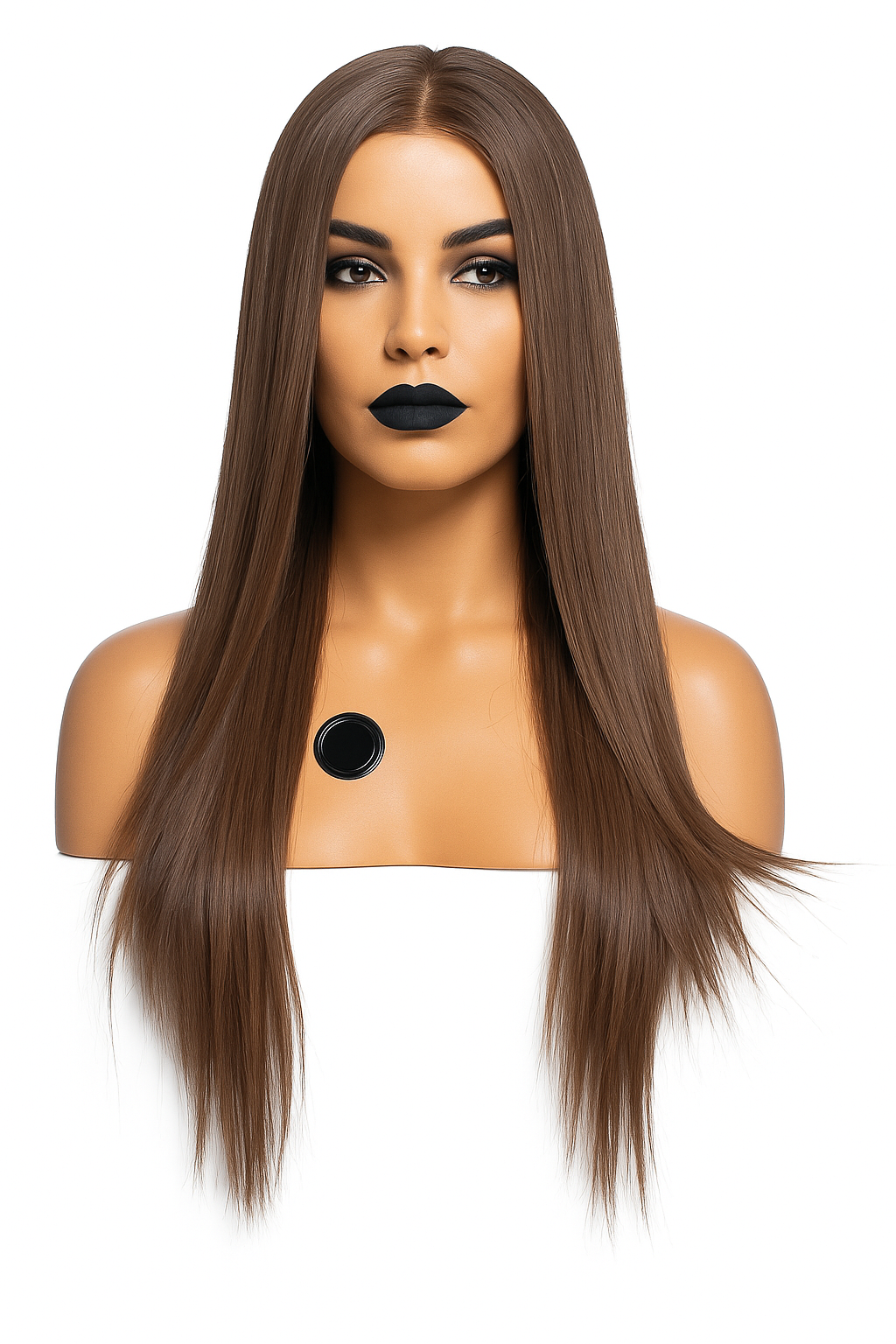 Lång rak brun peruk med mittbena och naturlig glans. Värmetålig fiber, justerbar passform och realistisk look
