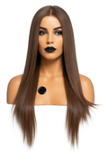 Lång rak brun peruk med mittbena och naturlig glans. Värmetålig fiber, justerbar passform och realistisk look