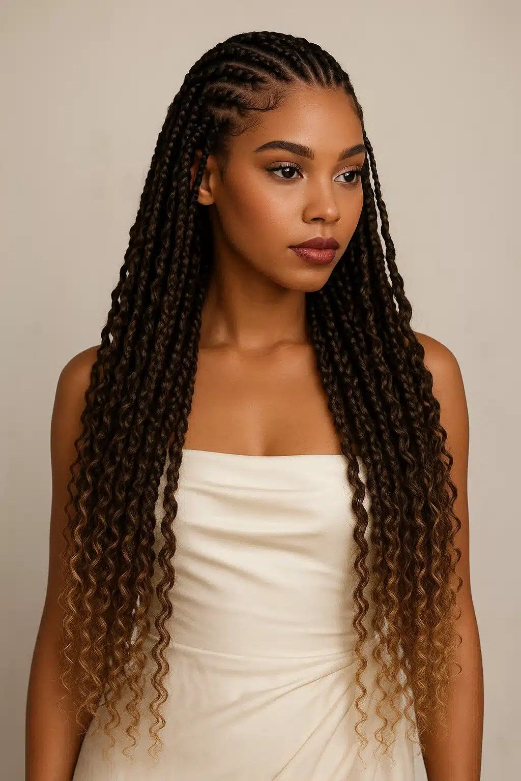 Modell bär Boho braids i brun blond ombre. Cornrows.