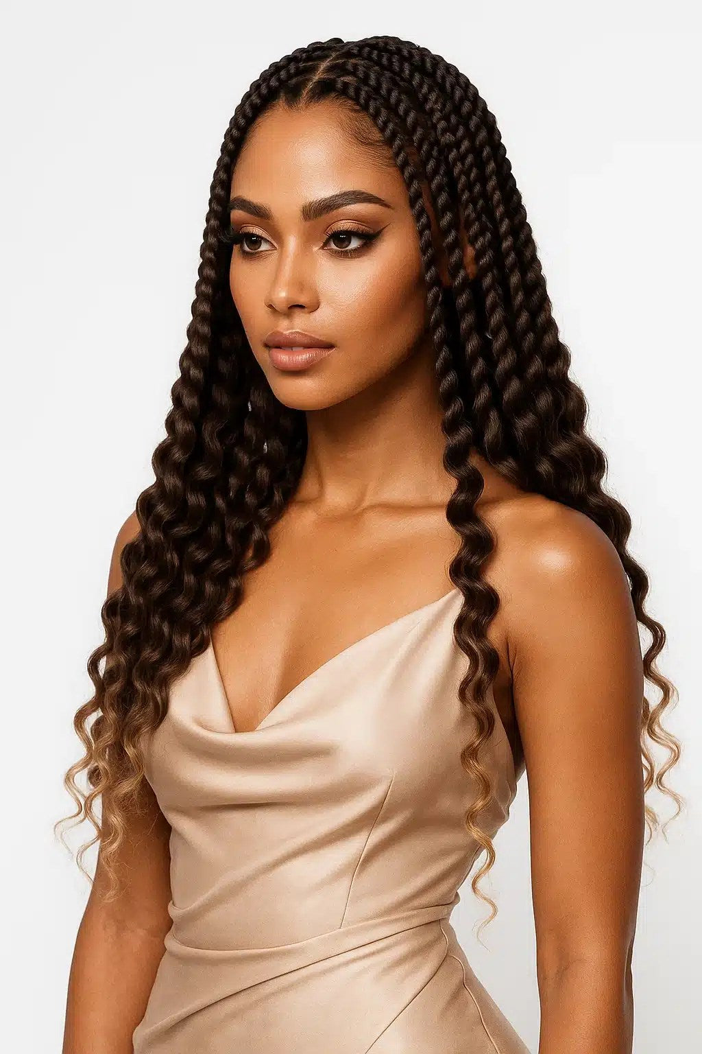 Vackra Goddess twists i varm brun ton med mjuka spiraländar. Ger ett naturligt, glänsande och voluminöst resultat som är perfekt för en elegant och tidlös stil.