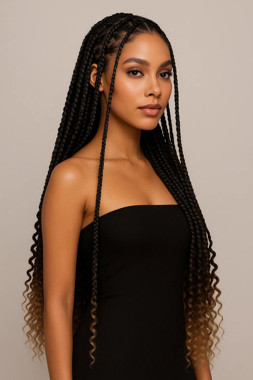 Kvinna med braids, mörkbruna rötter och ombre till ljusare i längderna