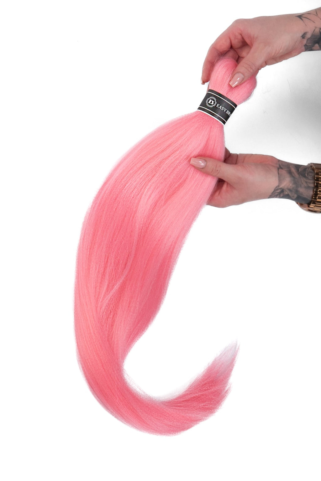 Bubbelgumsrosa försträckta easy braids i syntetiskt hår, med långa och jämnt formade fläthår för en färgstark och trendig look.