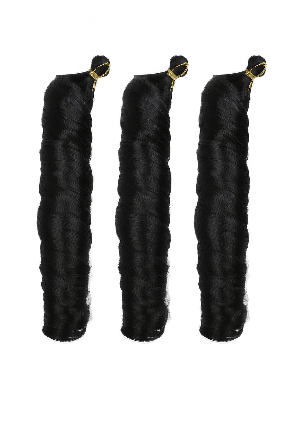 Tre buntar franska lockar i djup svart färg med glansig yta och jämnt definierade spiralformade lockar som ger ett elegant och fylligt intryck.