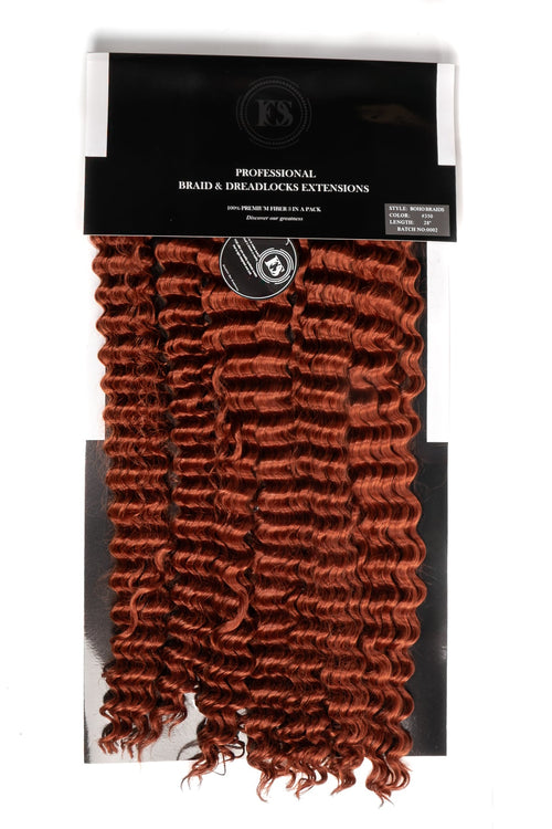 Flerpack, Storpack av Lockiga hårförlängningar i varm kopparfärg med mjuk, studsande struktur. Glansigt syntetiskt hår som ger naturlig rörelse och volym, perfekt för boho-flätor eller fylliga crochetfrisyrer.