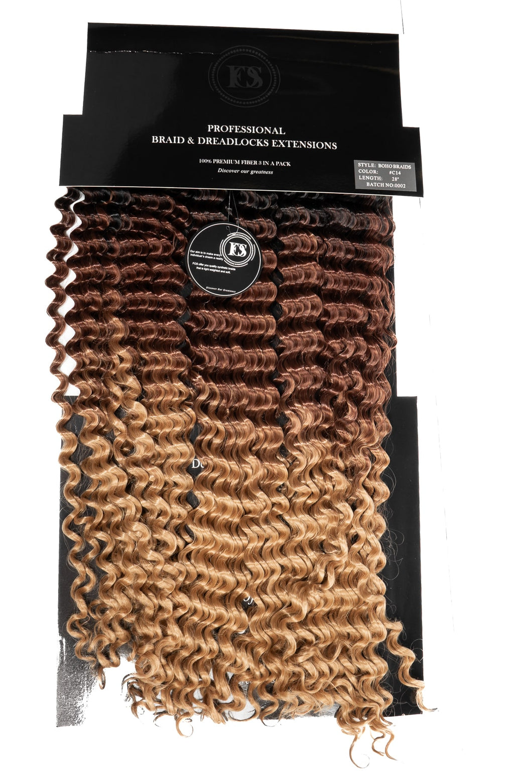 FOS Hair boho lockar i ombre från mörkbrun till honungsblond. Mjuka spiralformade slingor med naturlig glans, perfekta för bohemiska flätor eller crochet frisyrer.