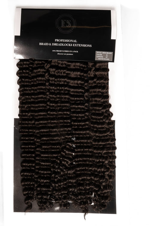 Boho Goddess Braids syntetiskt lockigt hår med jämn textur, glänsande yta och lättinstallerade sektioner för flätning.