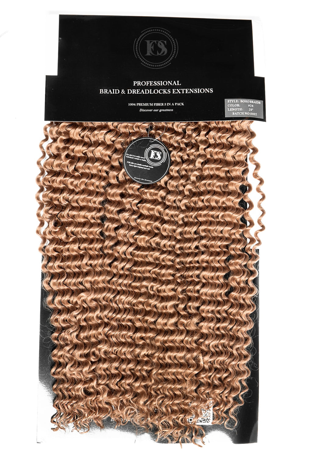 Professionella ljusbruna Boho braids. Vågiga flätextensions för dreadlocks. Syntetiskt hår med mjuka, glansiga lockar och naturligt utseende.