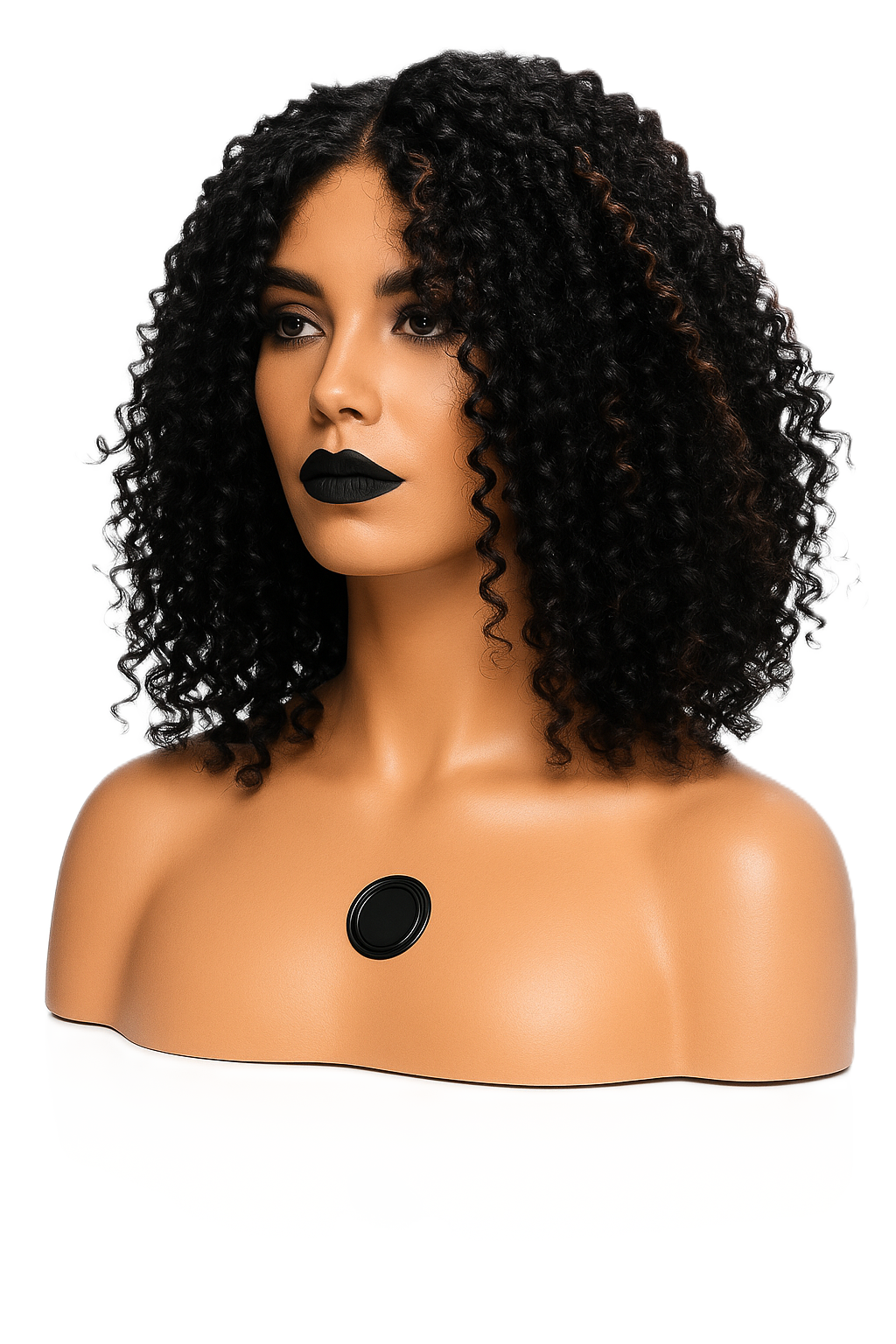 Afro-peruk i svart på skyltdocka, naturligt krullig stil.