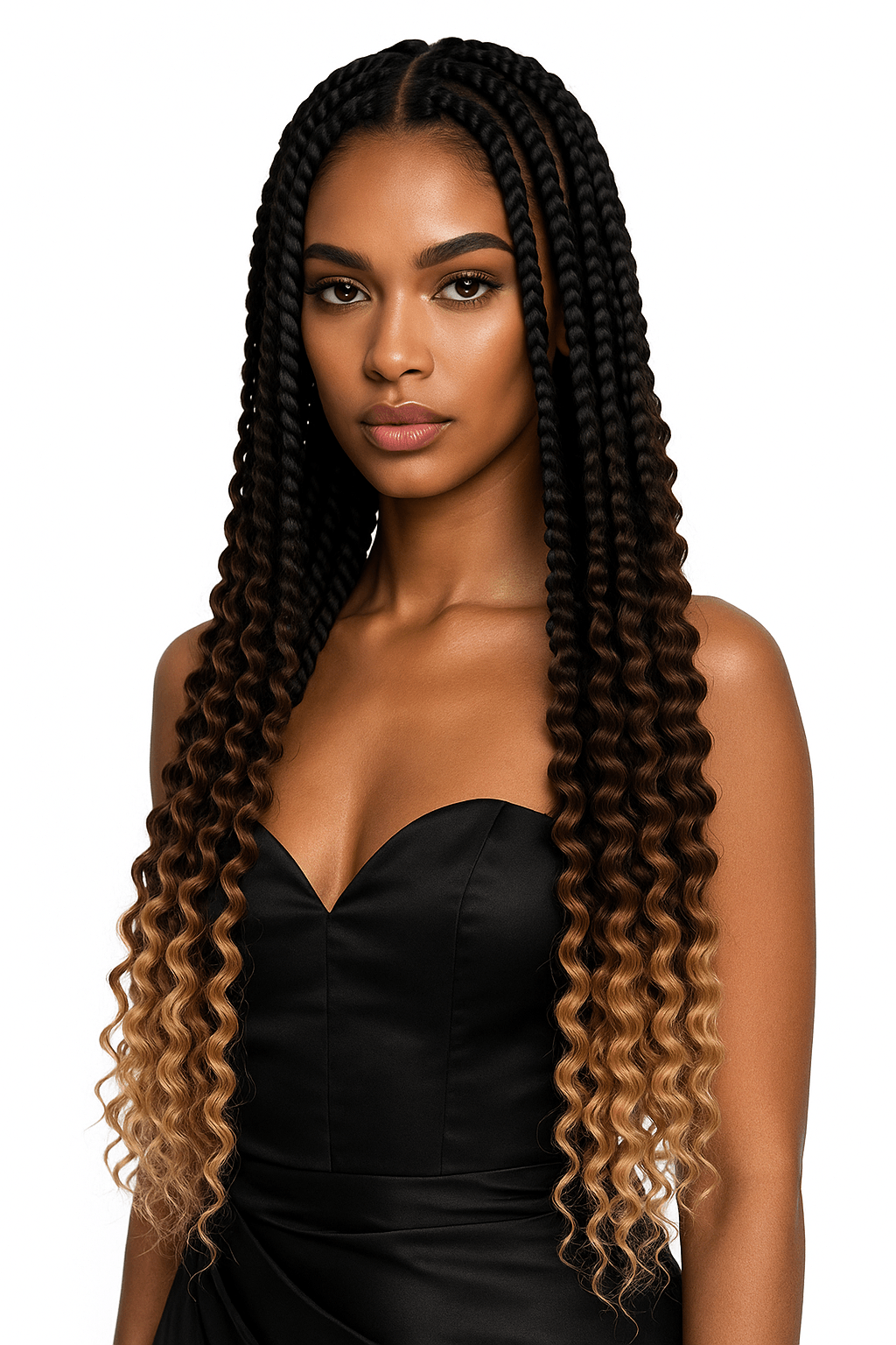 FOS Hair boho curls i ombre från svart till ljusblond. Tätt definierade lockar med silkeslen struktur och naturlig volym, idealiska för flätor eller bohemiska frisyrer.
