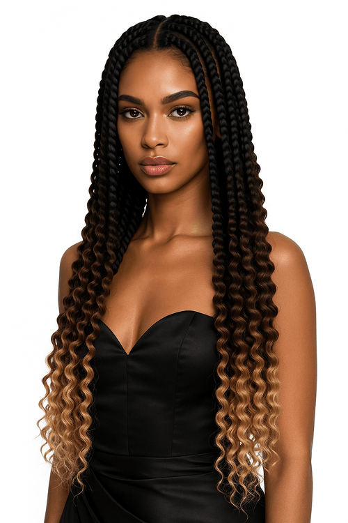 FOS Hair boho curls i ombre från svart till ljusblond. Tätt definierade lockar med silkeslen struktur och naturlig volym, idealiska för flätor eller bohemiska frisyrer.