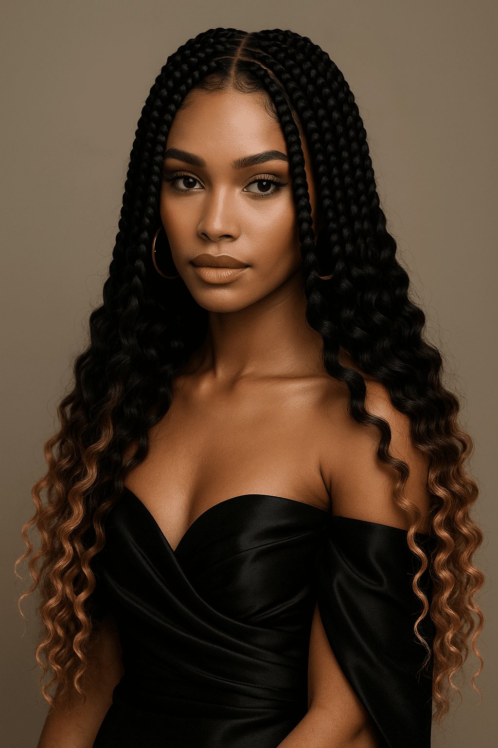 Modell bär Boho braid stil med långa, mjukt definierade lockar i ombre från mörkbrun till karamell. Naturligt glansigt hår som skapar ett elegant utseende.