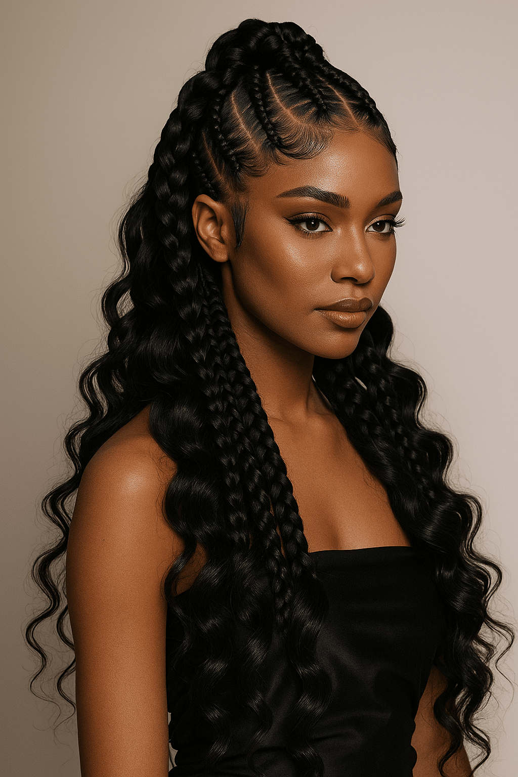 Goddess braids med mjuka vågor, glansig svart ton och definierad struktur som kombinerar flätor upptill med löst fallande lockar längs längderna.