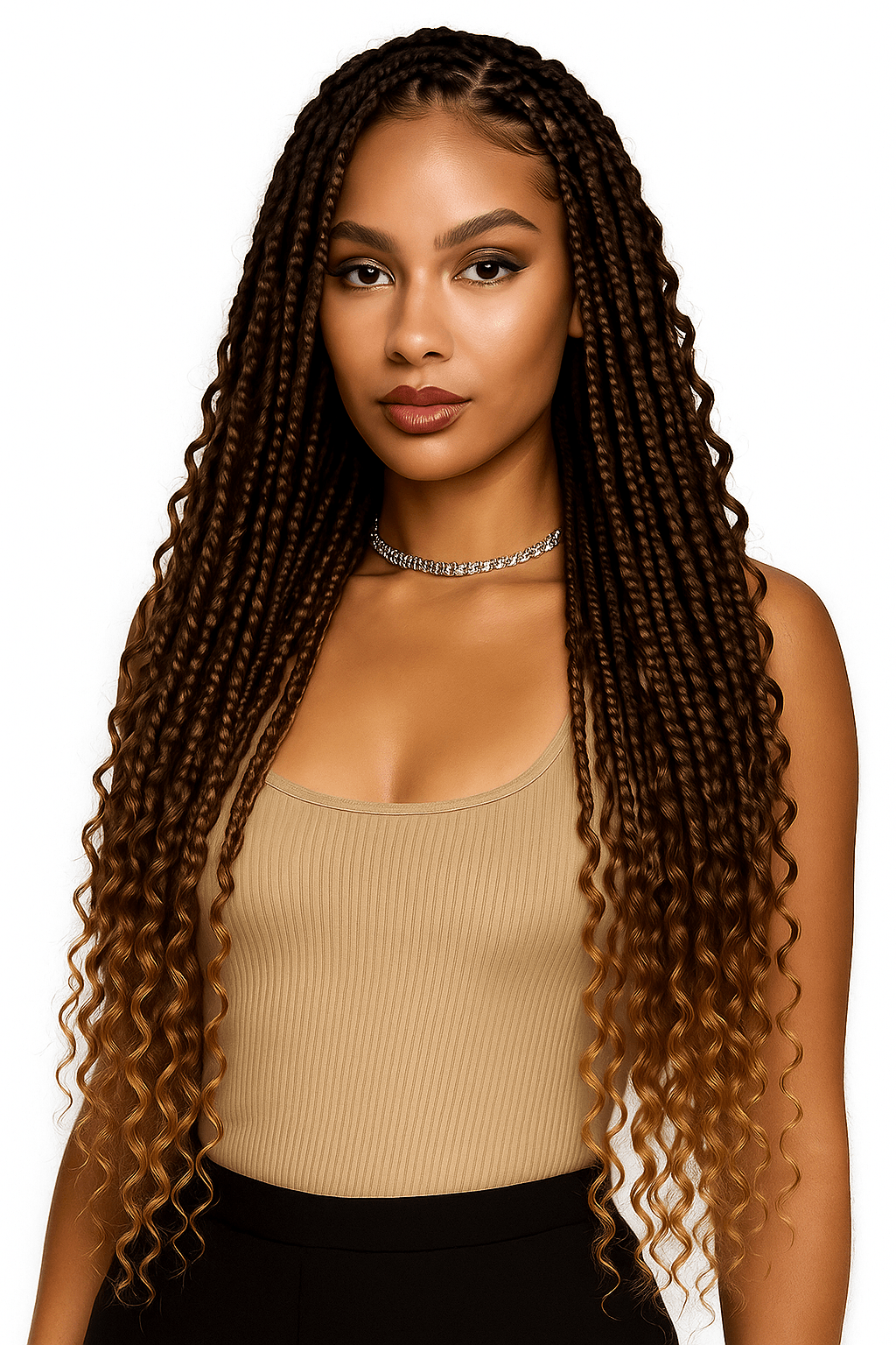 Braids med smala, definierade flätor i chokladbrun ton som övergår i gyllenblonda lockar. Ger en naturlig, glänsande och voluminös frisyr med elegant finish.