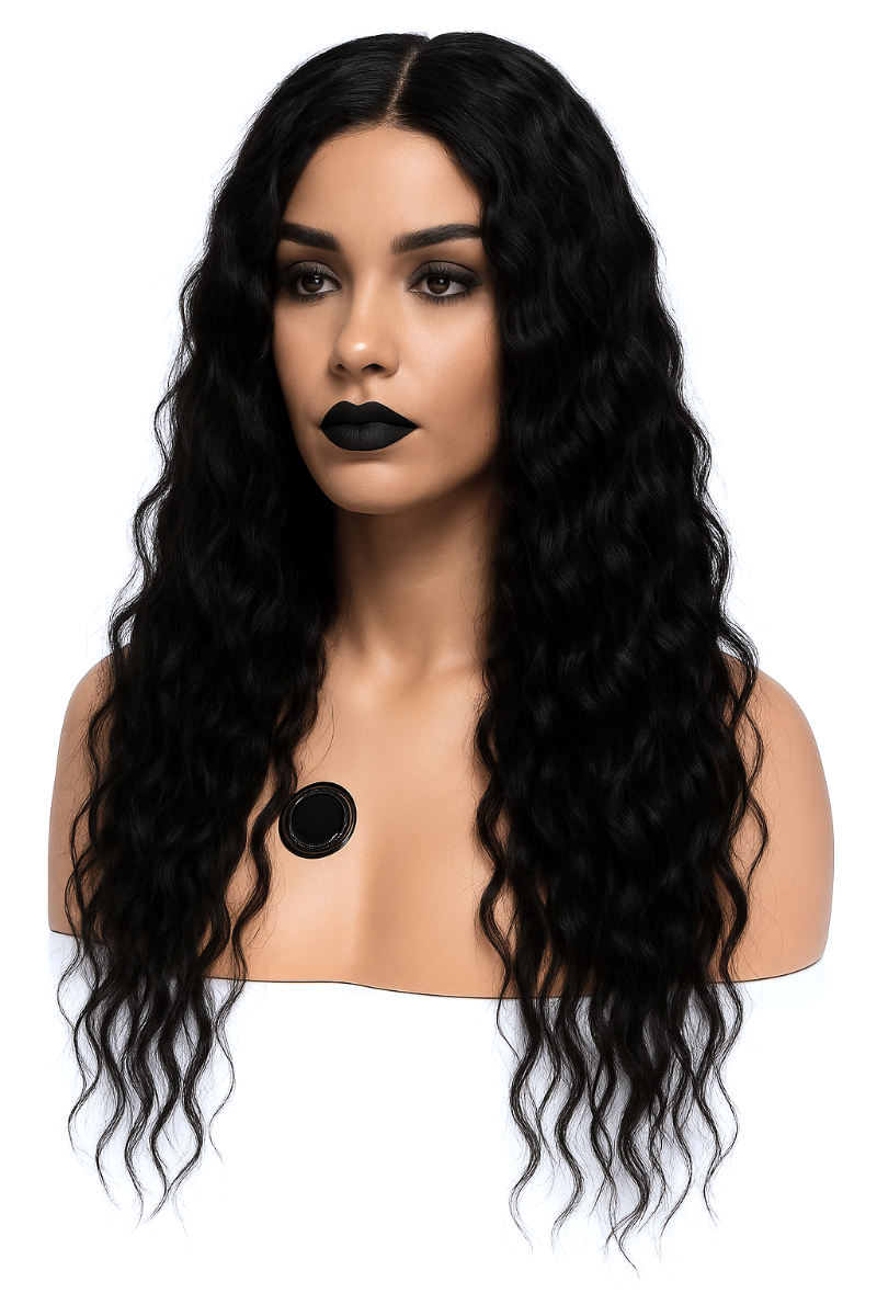 Svart lång peruk med förföriska vågor och mittbena