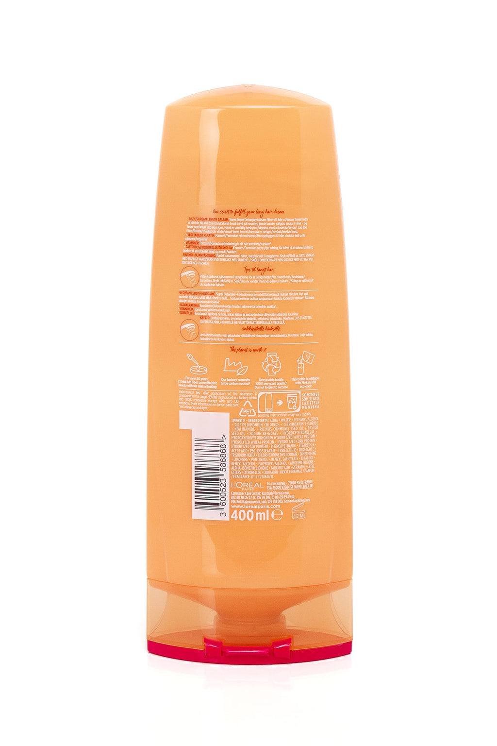 Loreal Paris Elvital Dream Length Balsam. Orange plastflaska med rosa lock och baketikett med produktinformation. Rymmer 400 ml, troligen balsam eller schampo, designad för daglig hårvård med glansgivande effekt.