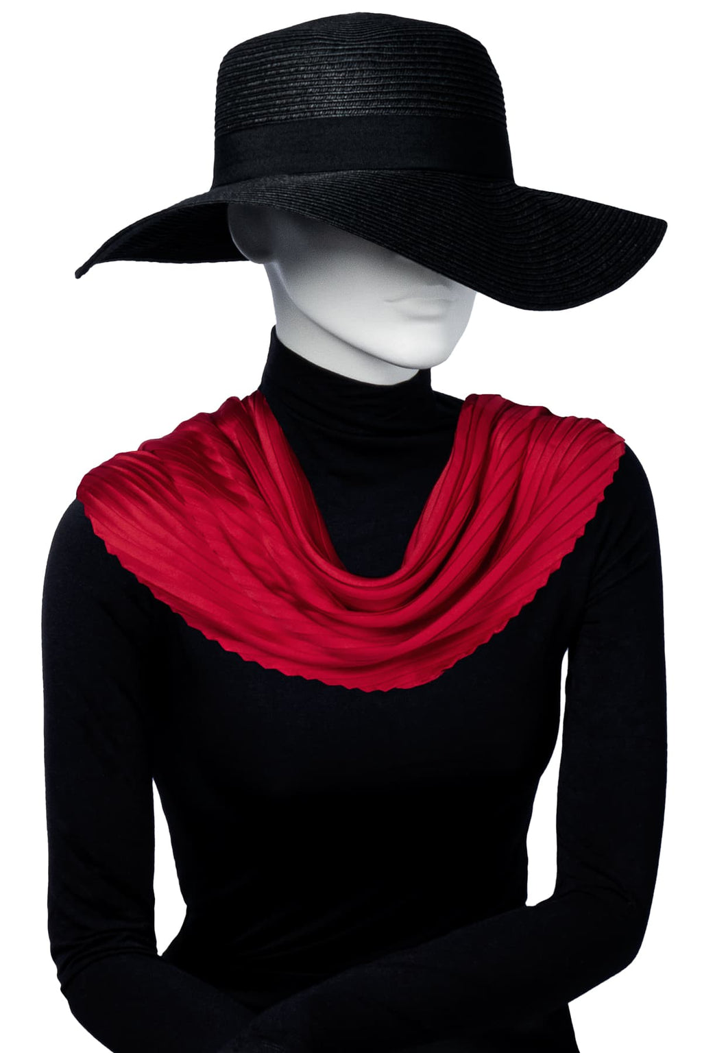 Skyltdocka med röd plisserad scarf, perfekt för att visa styling och accessoarer