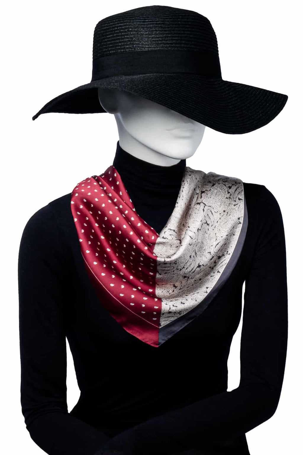 Polyester scarf i delat mönster i vinrött, grått och vitt. Paisley mönster på båda sidor.