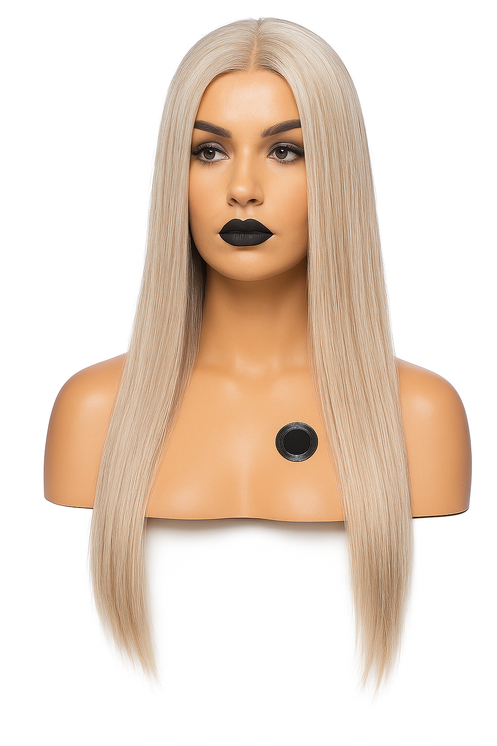 Lång blond peruk med mittbena. Naturlig glans, värmetålig fiber, justerbar passform och bekväm lace front