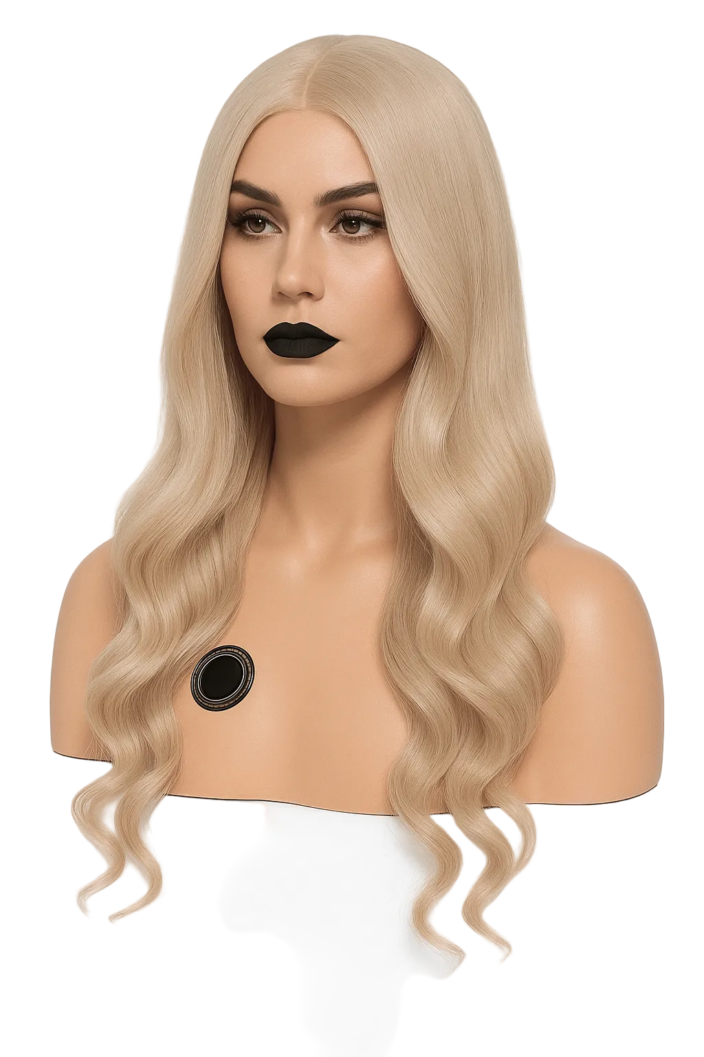 Peruk i modellen Svana 2.0. Lång, vågig och elegant i en kall blond nyans med mittbena.
