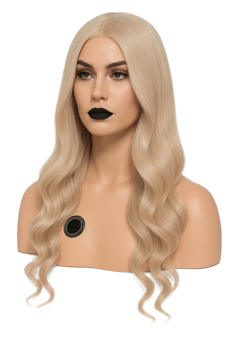 En ljusblond peruk med långa, vågiga längder och mittbena visas på en modell med elegant stil och markerad makeup.