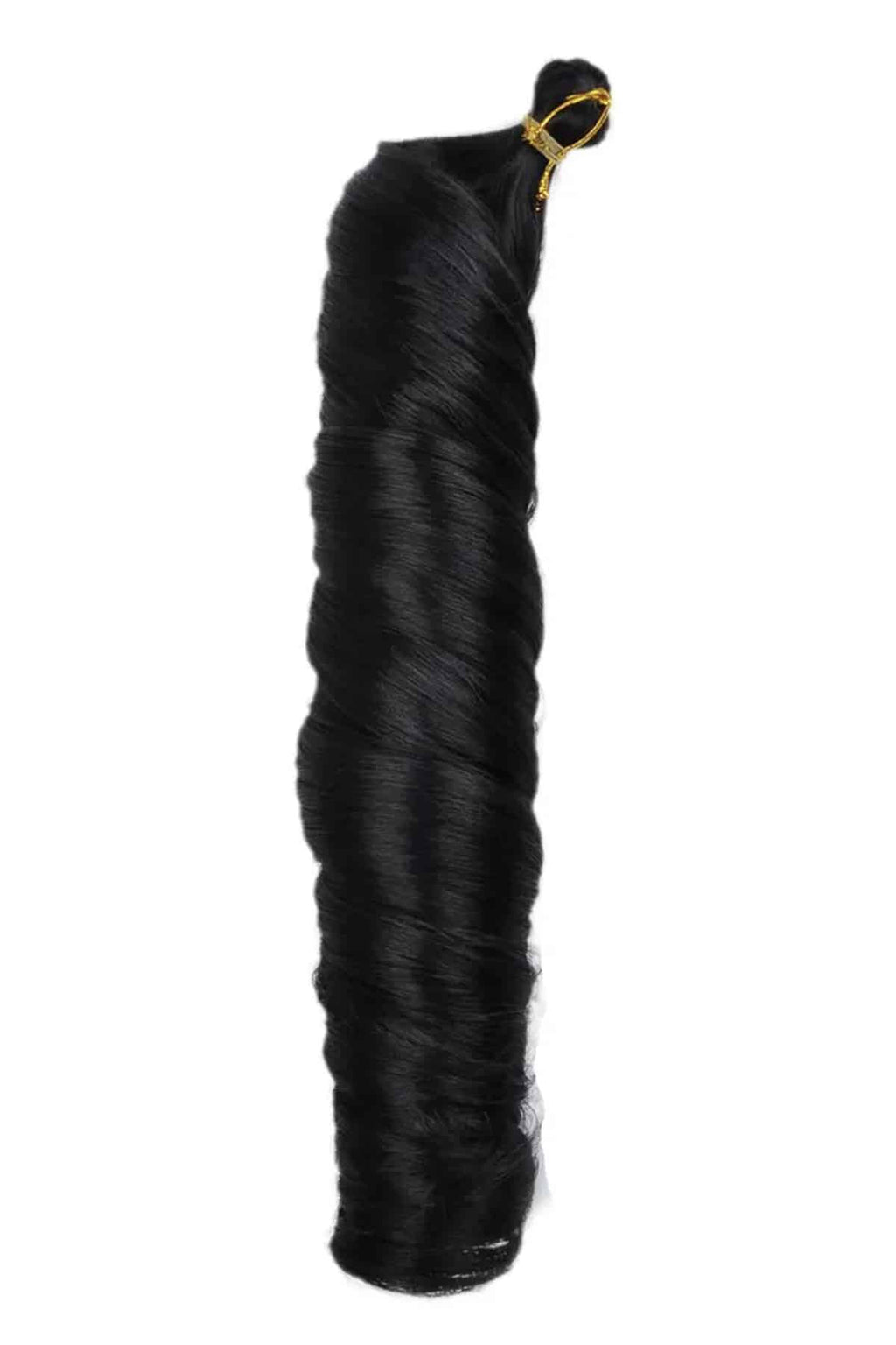Produktbild på spiral French curl braids i svart, där håret är flätat i små sektioner och rullat till täta, definierade spirallockar för en voluminös och strukturerad look.