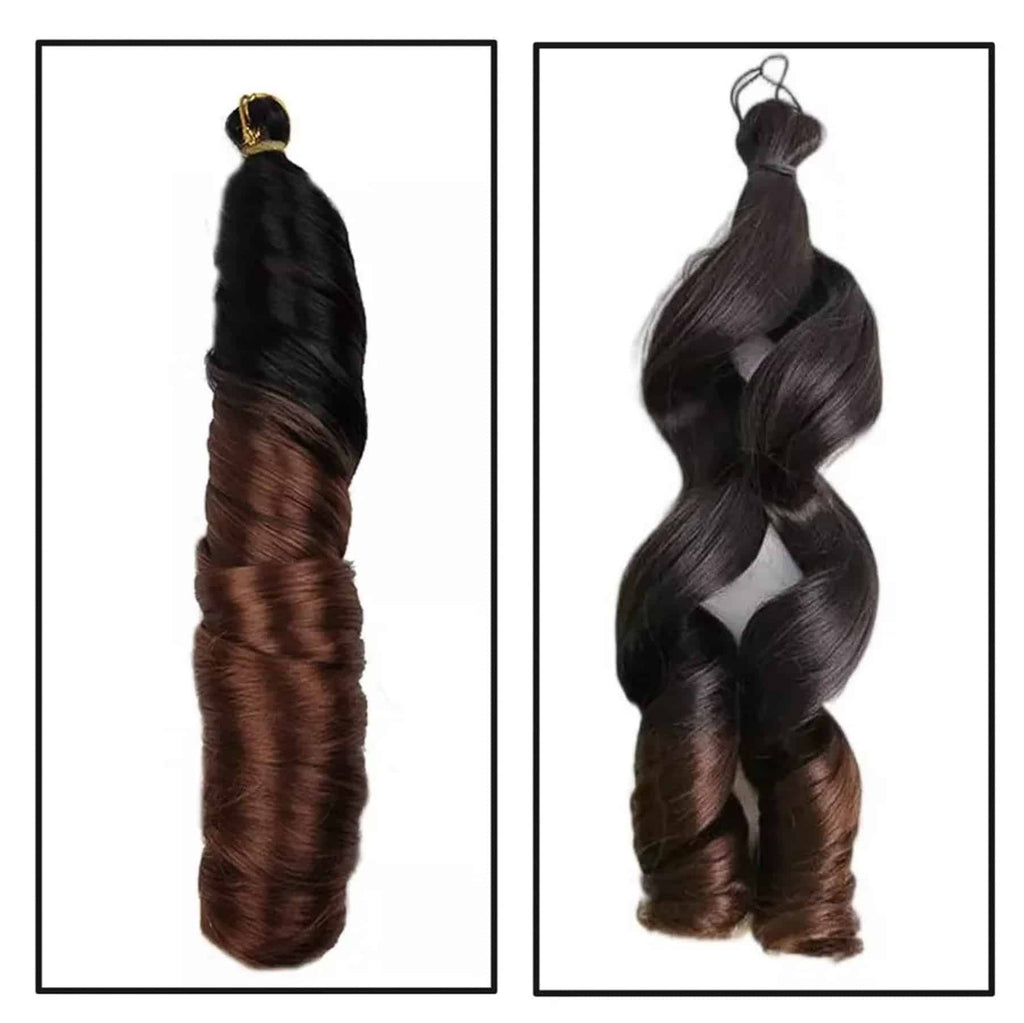 French curls. Svart brun ombre färgat spiralformat futurahår med glansig yta och mjuk struktur, tillverkat av värmetålig fiber som behåller sina lockar länge.