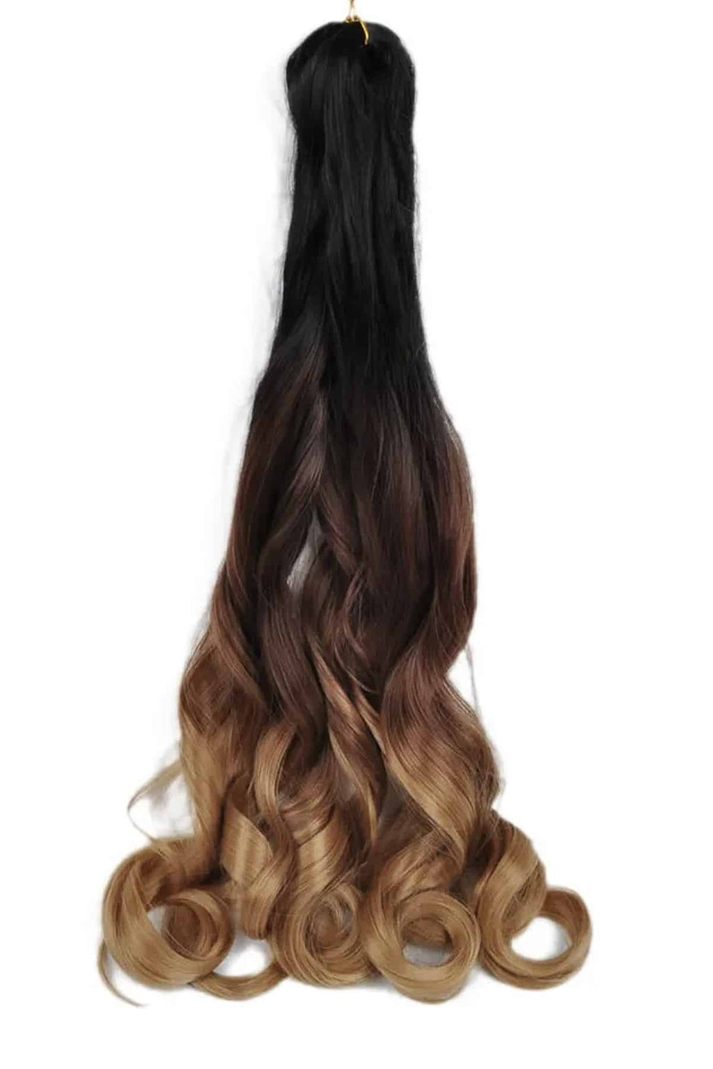 Produktbild av syntetiska French curls hårförlängningar med ombre-effekt, som visar lockig textur och övergång från mörk till ljus färg.