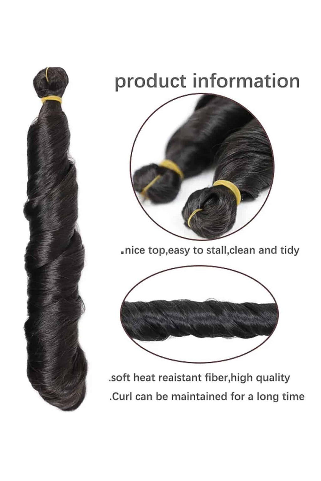 Mörkbrunt spiralflätat hår med glansig yta och mjuka, definierade lockar. Fibrerna har en naturlig glans och följsam struktur som ger ett elegant intryck.