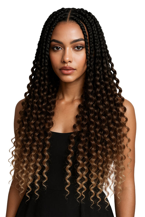 Boho Goddess Braids i en elegant ombre från mörkbrun till gyllenblond. Långa, definierade lockar med naturlig glans ger en lyxig och bohemiskt chic stil.