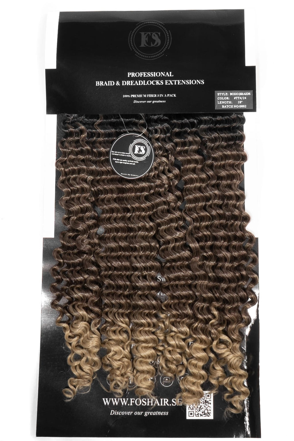 Boho Goddess Braids från FOS Hair i ombre brun till blond ton. Täta spiralformade lockar med naturlig glans, perfekta för en fyllig och elegant skyddande frisyr.