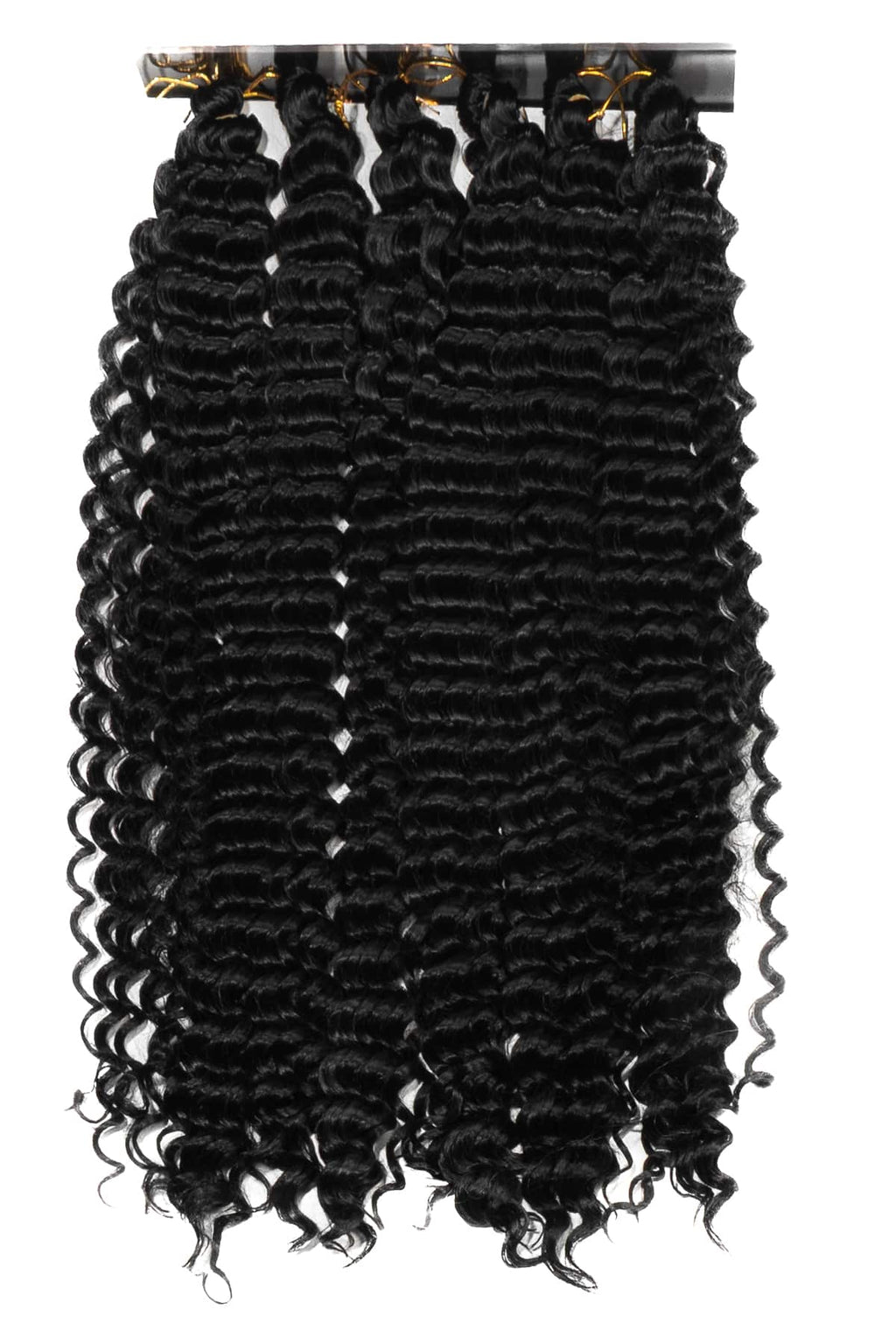 Fylliga lockiga hårförlängningar i djup svart ton, perfekta för boho flätor. Mjukt syntetiskt fiber med naturlig glans som ger volym och en elegant, definierad look.
