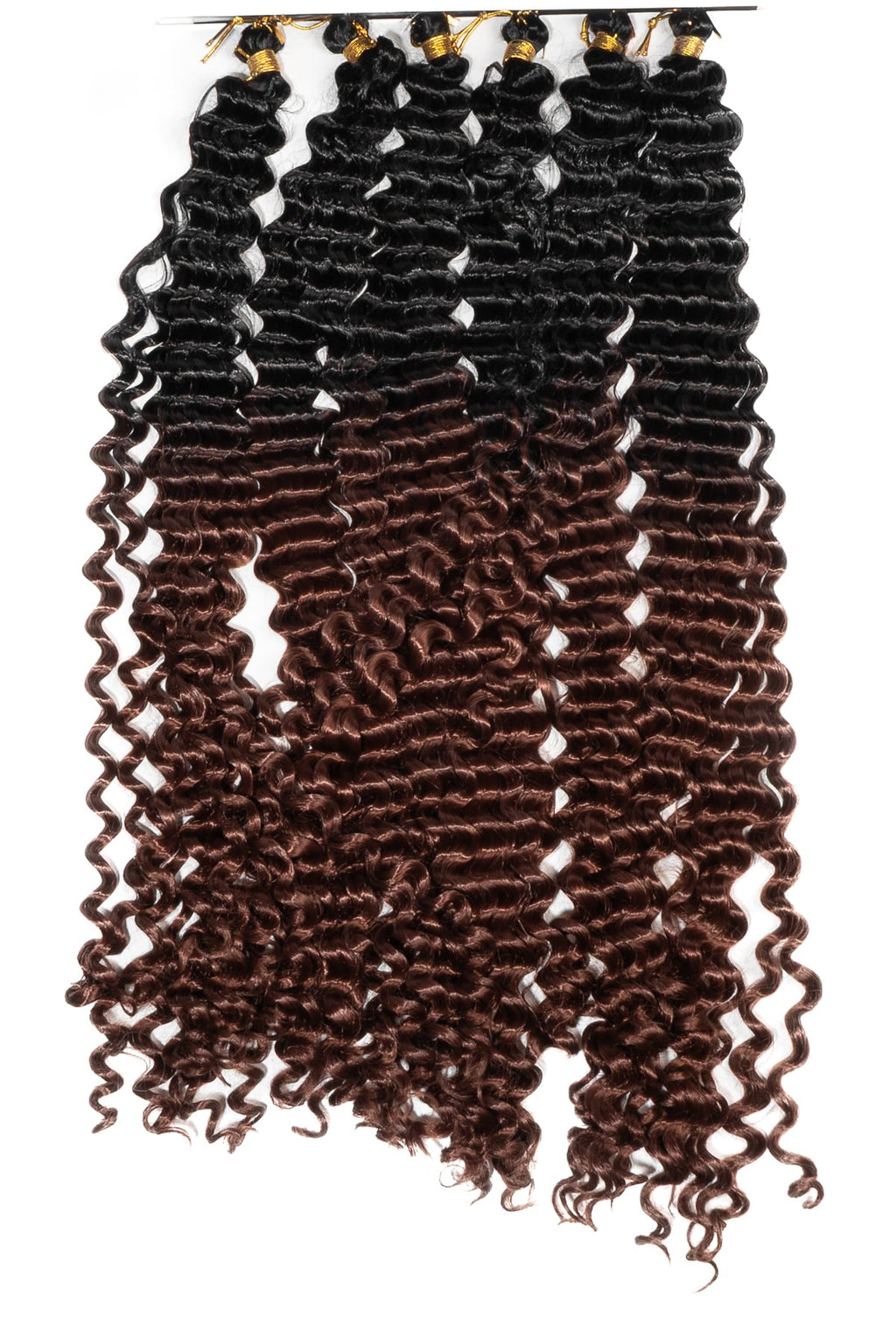 Lockigt ombre syntetiskt hår i mörkbrun och svart färg, mjuka spiral-lockar för flätning eller extensions med naturlig glans.