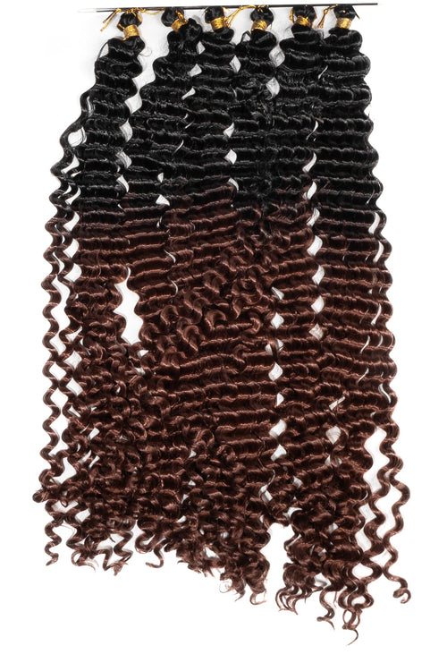 Lockigt ombre syntetiskt hår i mörkbrun och svart färg, mjuka spiral-lockar för flätning eller extensions med naturlig glans.