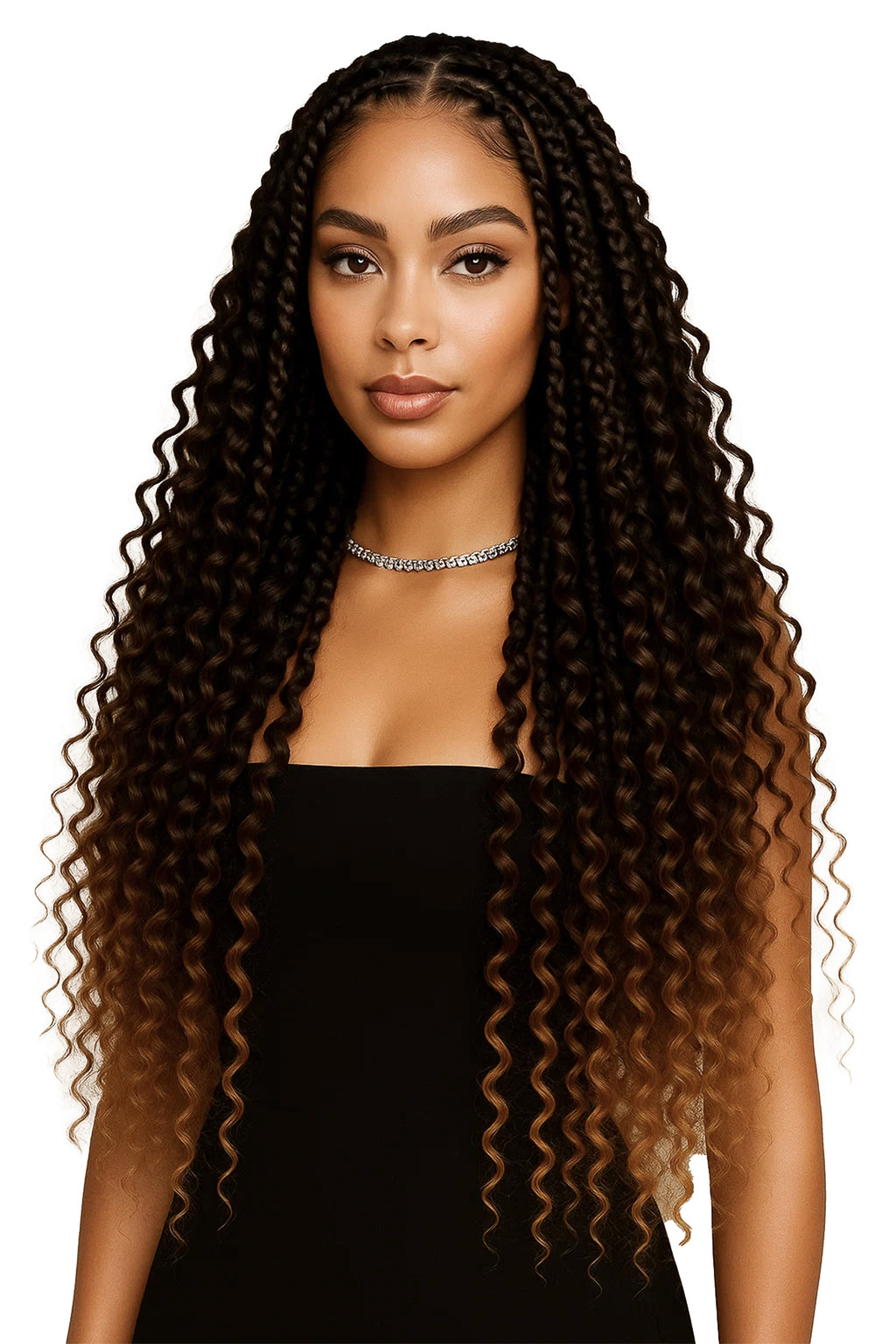 Modell bär volymösa populära Boho braids i fräsch brun blond ombre.