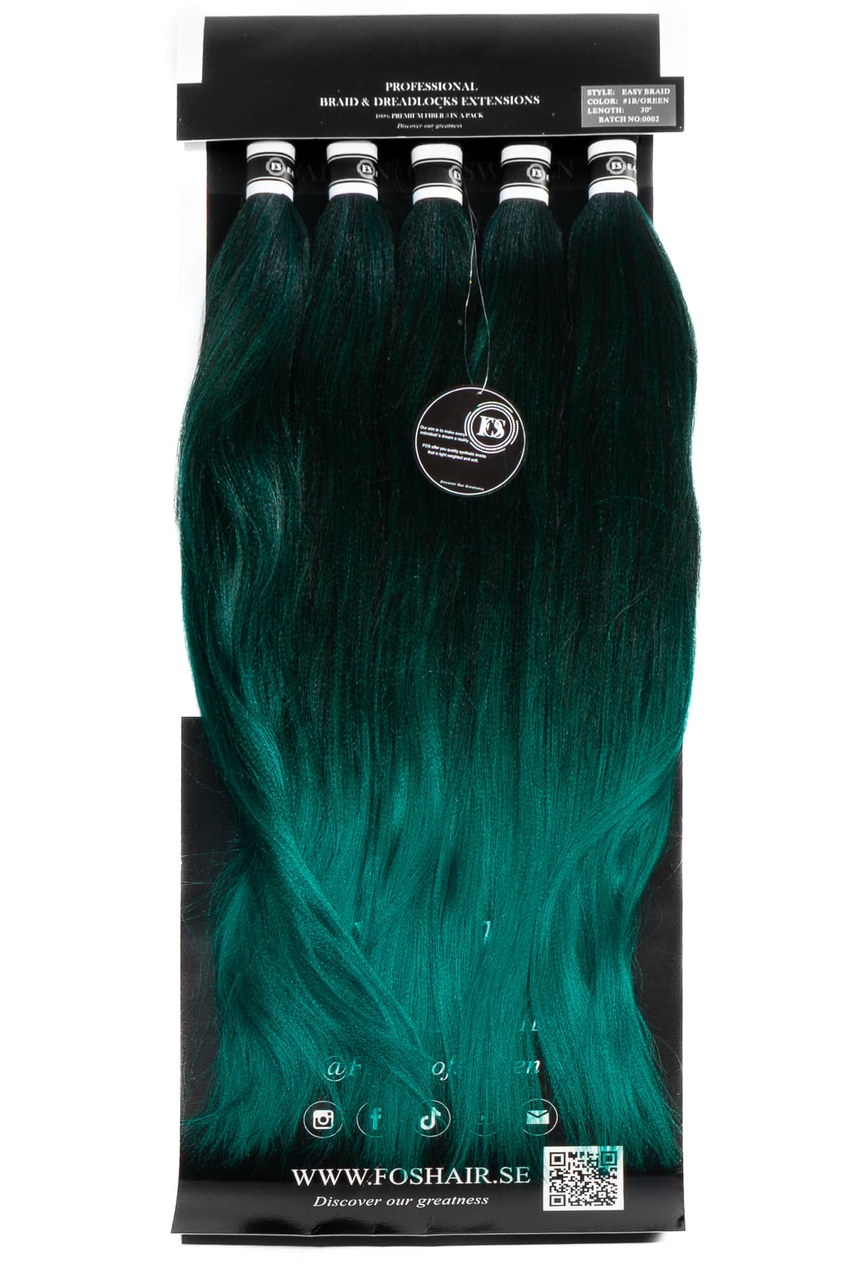 Långt fläthår i smaragdgrön nyans med naturlig glans. Silkeslent syntetfiber perfekt för braids, twists och kreativa frisyrer med lyxig finish.