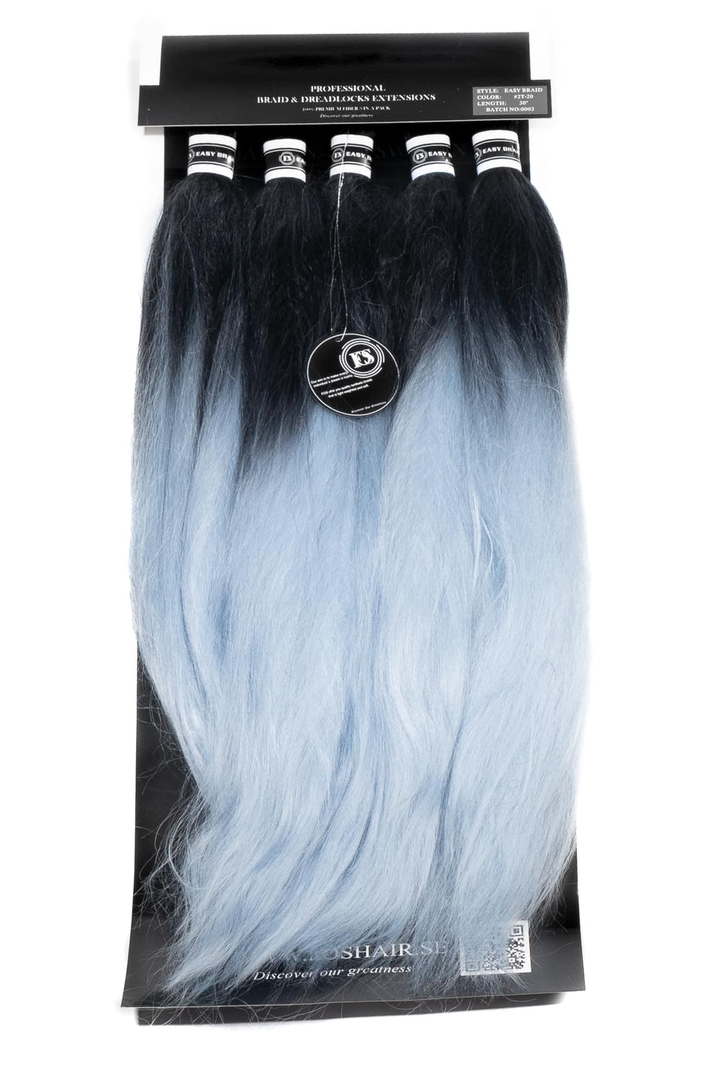 Ombre fläthår i svart och isblå grå nyans med silkeslen textur. Perfekt för kreativa frisyrer, braids och twists med mjuk glans och modern stil.