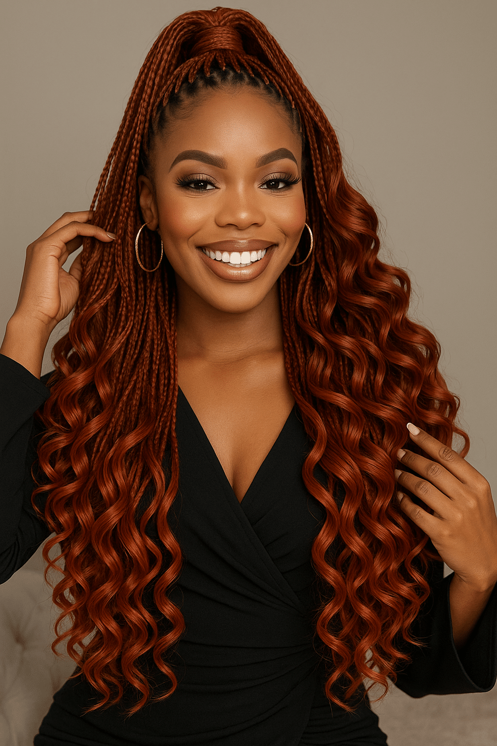 Modell bärande Långt rödbrunt Spiral French Curl fläthår med glänsande lockar, perfekt för naturliga skyddande frisyrer med volym, rörelse och professionell finish.