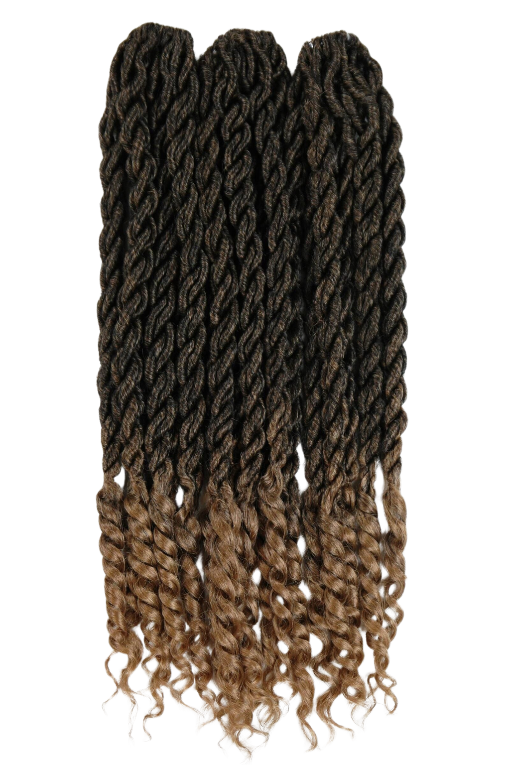 Ombre Mambo Twist med mörka rötter och ljusbruna toppar, mjuka tvinnade längder för en naturlig och fyllig skyddande frisyr.