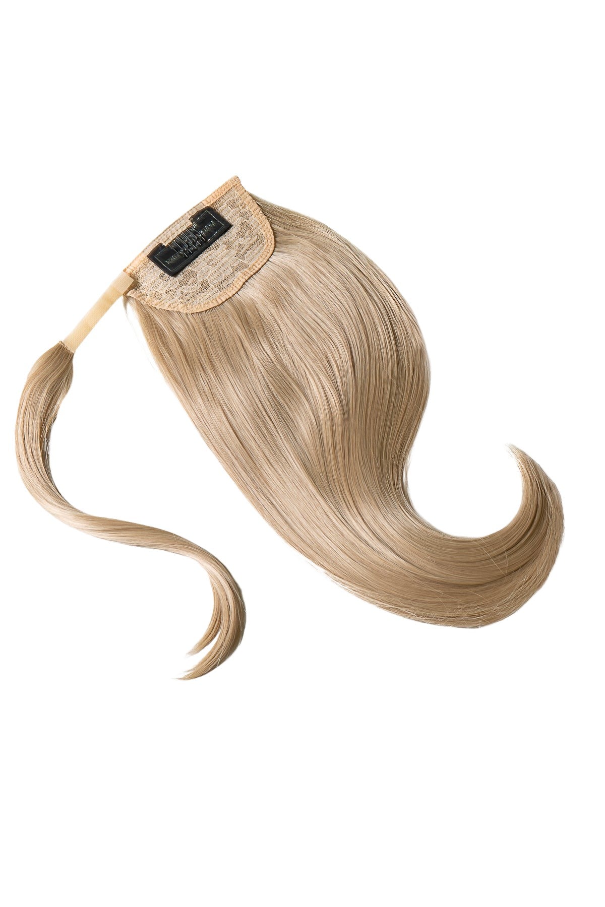 Blond ponytail-hårförlängning med kardborreband och klämmor, produktbild som visar fästdetaljer