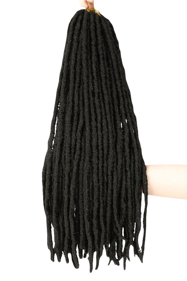 Faux locs flätor i svart färg,täta, mjuka dreadlocks med naturlig struktur och fyllig volym